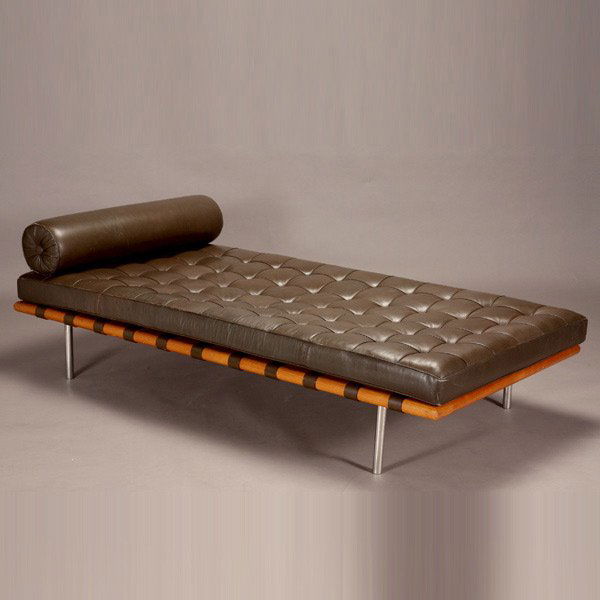 Knoll Mies Van Der Rohe Barcelona Daybed: Knoll Mies Van Der Rohe Barcelona Daybed. with solid teak frame, brown leather upholstery and chrome legs, originally designed 1929. {Dimensions 15 x 39 x 79 inches} 1/4 inch diameter hole under bolst