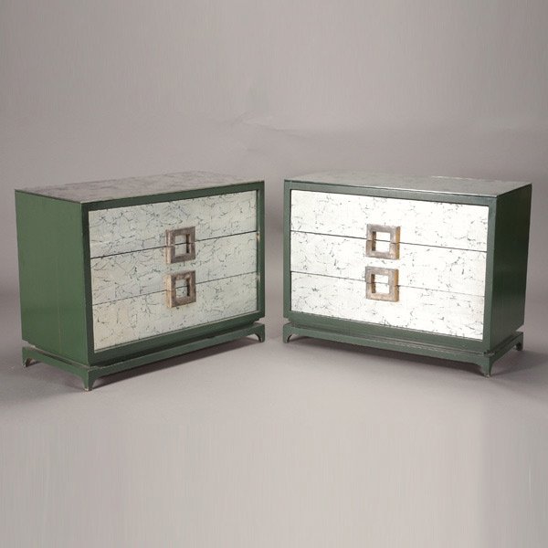 Pair of Archibald Taylor Mirrored Top and Silver: Pair of Archibald Taylor Mirrored Top and Silver Leaf Three Drawer Chests. {Dimensions 32 x 42 x 20 inches}