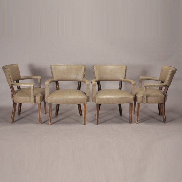 Four Michael Taylor Interiors Designed Arm Chairs: Set of Four Michael Taylor Interiors Designed Arm Chairs with chrome edge. {Dimensions 33 1/2 x 27 x 27 inches} Provenance: from an Orinda CA residence.