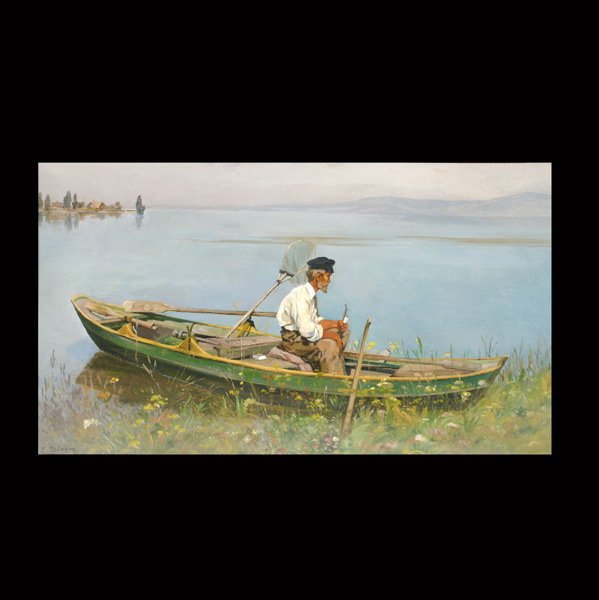 Eugen Dukker"Old Man in Row Boat": EUGEN GUSTAV DUKKER (German 1841-1916) "Old Man in a Rowboat" Oil on canvas. 16 x 27.50 inches/ 40.6 x 69.8 centimeters. Signed lower left "E. Ducker" Frame: 21 x 32.50 inches/ 53.3 x 82.5 centimeters
