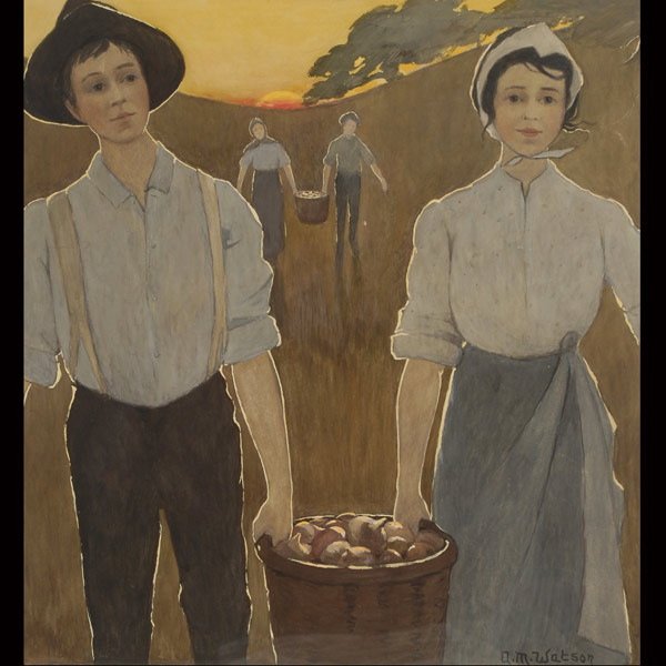 AMELIA MONTAGUE WATSON Home Before Sunset: AMELIA MONTAGUE WATSON (American 1856-1934) "Home Before Sunset" Watercolor on paper. 21 x 20 inches/ 53.3 x 50.8 centimeters. Signed lower right "A. M. Watson" Frame: 28.50 x 27 inches/ 72.4 x 68.6 c