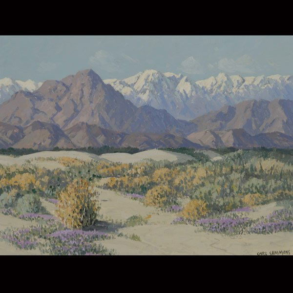 CARL SAMMONS, Near Palm Springs Calif.: CARL SAMMONS (American 1883-1968) "Near Palm Springs California" Oil on artist's board. 12 x 16 inches/ 30.5 x 40.6 centimeters. Signed lower right "Carl Sammons" Verso: Titled in pencil "Near Palm Sp