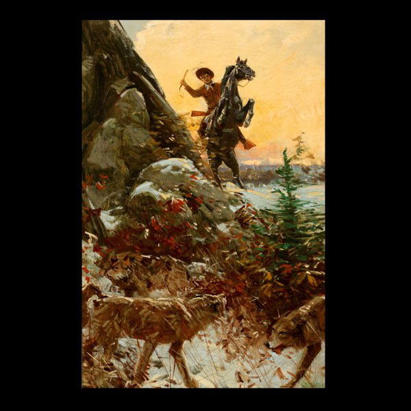 GILBERT GAUL "Unexpected Encounter": GILBERT GAUL (American 1855-1919) "Unexpected Encounter" Oil on canvas. 30 x 20 inches/ 76.2 x 50.8 centimeters. Signed lower left "Gilbert Gaul" Verso: Gallery label "Nedra Matteucci Galleries, Santa