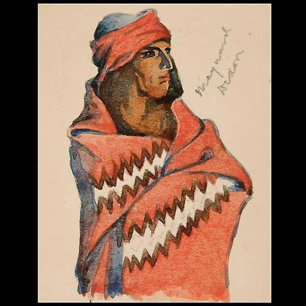 MAYNARD DIXON Navajo in Chief's Blanket: MAYNARD DIXON (American 1875-1946) "Navajo in Chief's Blanket" Watercolor on paper. 3.30 x 2.50 inches/ 8.3 x 6.3 centimeters. Signed upper right "Maynard Dixon" PROVENANCE: Private Collection, Alamed