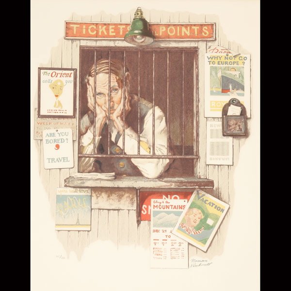 NORMAN ROCKWELL Ticket Seller: NORMAN ROCKWELL (American 1894-1978) "Ticket Seller" Lithograph on Arches paper with watermark. Image: 22 x 18.50 inches/ 55.9 x 47 centimeters. Signed in pencil lower right "Norman Rockwell" Numbered