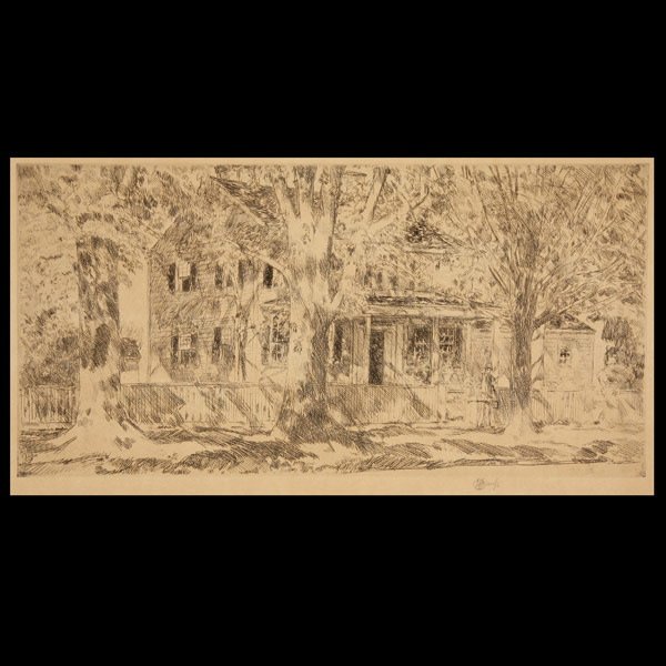 Childe Hassam "House on Main" Etching: CHILDE HASSAM (American 1859-1935) "House on Main Street, East Hampton" Etching on paper. Plate: 6 x 12.25 inches/ 15.3 x 31.1 centimeters. Sheet: 9 x 15.25 inches/ 23 x 38.5 centimeters. Signed in pe