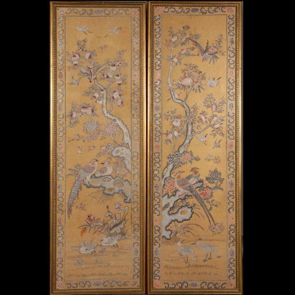 A Pair of Needlepoint Panels, 19th C: A Pair of Needlepoint Panels, Both of vertical format, designed with subtly hued silk threads to a gauze like fabric, each displaying a central pair of long tail birds roosting in opposition, surround