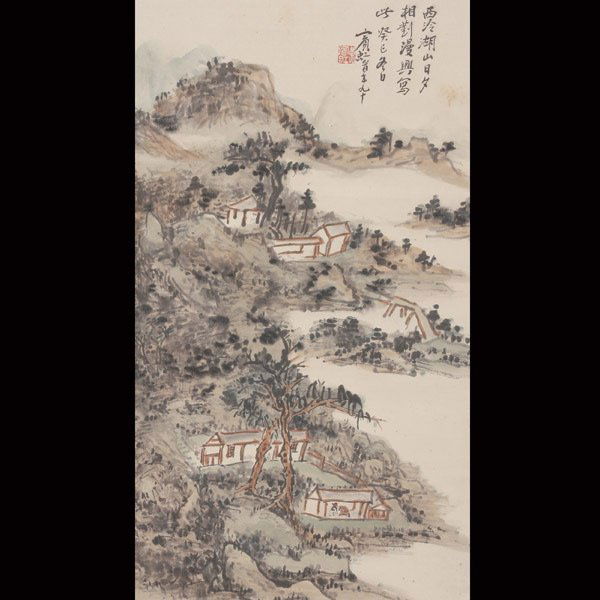 After Huang Binhong (1865-1955): Landscape: After Huang Binhong (1865-1955): Landscape in Xiling, Hanging scroll, ink and color on paper, the upper right titled, dated 'Guisi (1953),' with a signature 'Binhong,' one seal. 24 3/4 x 14 3/8 inches