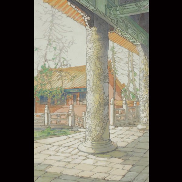 Bertha Lum (1869-1954): Confucius Temple, Chu-Fu: Bertha Lum (1869-1954): Confucius Temple, Chu-Fu, Woodblock print, framed and glazed, the bottom signed 'Bertha Lum, 1936'. 23 1/2 x 15 inches (59.5 x 38 cm)
