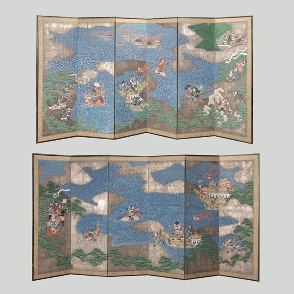 A Pair of Japanese Six-Panel Folding Screens: A Pair of Painted Six-Panel Folding Screens, Both painted with an animated battle scene depicting several figures on ships, horseback and foot with their various weapons drawn toward their enemies, al