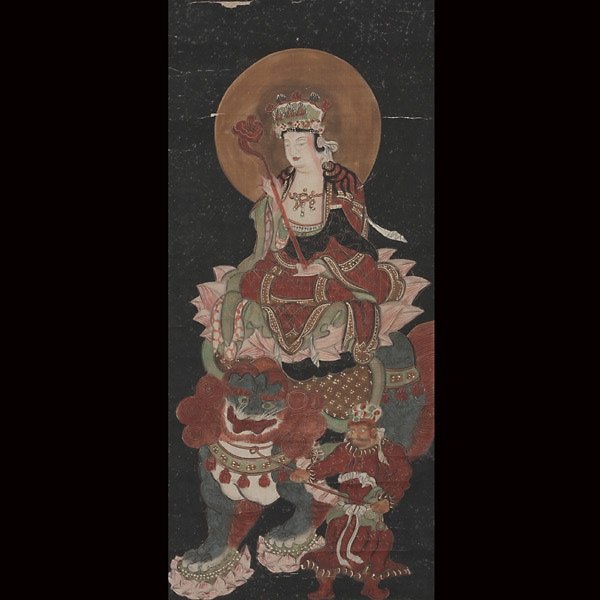 Anonymous: Bodhisattva on a Lion, Edo: Anonymous: Bodhisattva on a Lion, Hanging scroll, ink and color on paper. Edo Period 44 x 19 1/4 inches (111.8 x 48.9 cm) [Water damage, creases, tears and paper loss. This condition report states maj