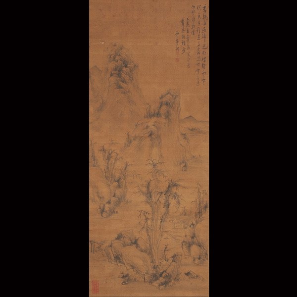 A Japanese Hanging Scroll of Landscape, Edo: Anonymous: Landscape, Hanging scroll, ink on silk, the upper left with inscriptions, dated 'Otsugai' (possibly 1815), signed, four seals, with wood box. Edo Period 54 x 21 1/2 inches (137.2 x 54.6 cm)