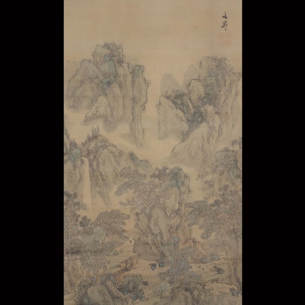 Tani Buncho (1763-1841): Landscape, Edo: Tani Buncho (1763-1841): Landscape, Hanging scroll, ink and color on silk, signed 'Buncho,' one seal. Edo Period 56 1/2 x 33 1/2 inches (143.5 X 85 cm) [Creasing. This condition report states major co