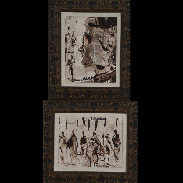 Cucaro 2 works "Portrait & Bazaar" Oil: PASCAL CUCARO (American 1915-2004) Two works: "Portrait of a Man" & "Bazaar" Oil on canvas. 10.25 x 8 inches/ 26 x 20.4 centimeters. 8 x 10.25 inches/ 20.4 x 26 centimeters. Each signed "Cucaro" Frame