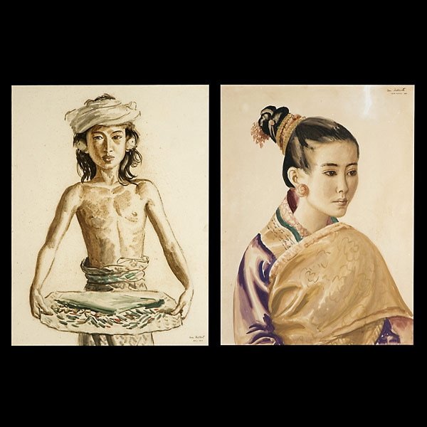Ben Silbert. Two Watercolor portraits.: BEN SILBERT (American 1893-1940) Two works: "Balinese Little Pepper Vendor, 1935" & "Mandarins Daughter, Laos, Indochina, 1936" Watercolor on paper. Sight: 24.50 x 18.50 inches/ 62.2 x 47 centimeters.