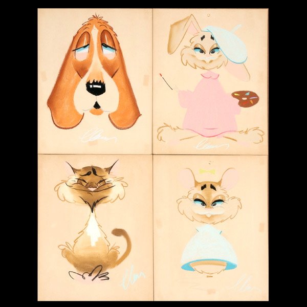 DON CLAUSEN Four Pastel drawings.: DON CLAUSEN (American b.1930) Four works: "Painterly Rabbit", "Droopy Dog", "Little Mouse" & "Delighted Cat" Pastel drawings. 14 x 11 inches/ 35.5 x 28 centimeters. Signed "Clausen" Verso: Stamped wit
