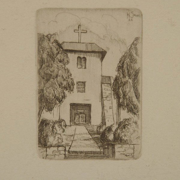 Will Shuster "Toas Mission" Etching: WILLIAM HOWARD SHUSTER (American 1893-1969) "Taos Mission, 1926" Etching on paper. Plate: 3 x 2 inches/ 5.1 x 7.6 centimeters. Signed lower right "Will Shuster" Frame: 7.50 x 5.25 inches/ 19 x 13.3 ce