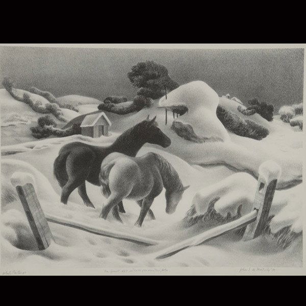 JOHN DE MARTELLY White Pastures: JOHN DE MARTELLY (American 1903-1980) "White Pastures, 1939" Lithograph on Rives paper with watermark. Image: 10 x 13.75 inches/ 25.4 x 34.9 centimeters. Sheet: 12 x 16 inches/ 30.5 x 40.6 centimeters