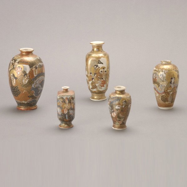 A Group of Five Japanese Satsuma Vases: A Group of Five Japanese Satsuma Vases, of various shapes and sizes, decorated with intricate figural scenes, marks tot he base of most {Tallest: 6 1/4 inches (15.8)} [Chips and cracks to one]