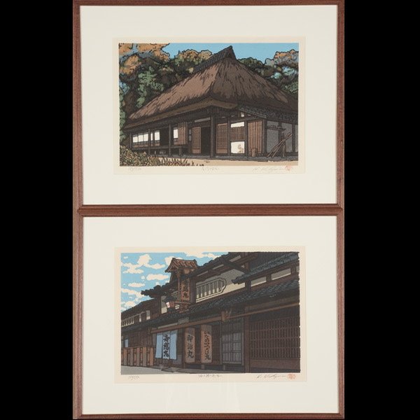 Nishijima Katsuyuki: Two Framed Woodblock Prints: Nishijima Katsuyuki (b. 1945): Two Framed Woodblock Prints. each framed and glazed, the lower right margin signed 'K. Nishijima,' one seal {Each: 11 1/4 x 15 3/4 inches (28 1/2 x 40 cm)}