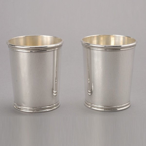 Pair of Kentucky Derby Sterling Mint Julep Cups: Pair of Kentucky Derby Sterling Mint Julep Cups, Mark J. Scearce, Shelbyville, Kentucky with LBJ hallmark {Total silver weight 9.45 troy oz; height 4 inches}