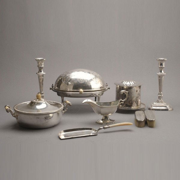 Large Grouping of English Silver Plate Hollowwares: Grouping of English Sheffield Plate Hollowware; a biscuit box and an entree dish with dome articulated top, both by Mappin & Webb; an Ellis-Barker pair of candlesticks; a covered dish with pineapple f