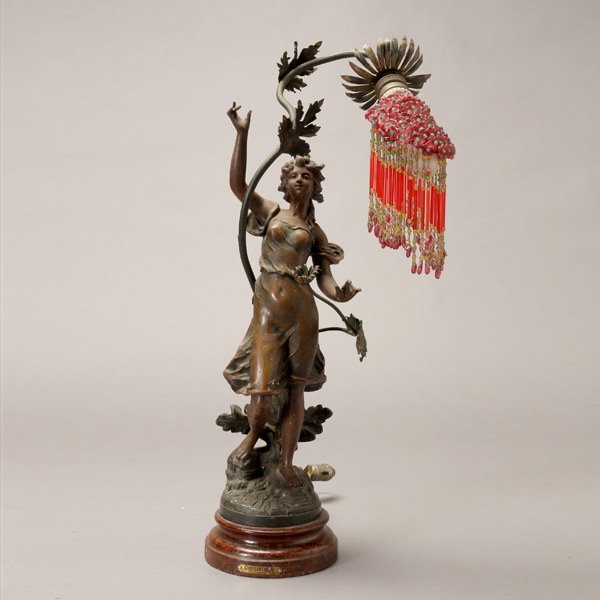 French Art Nouveau Spelter Figural Light with Shad: French Art Nouveau Spelter Figural Light with Beaded Shade, with Paris stamp {Height with fixture 23 inches}