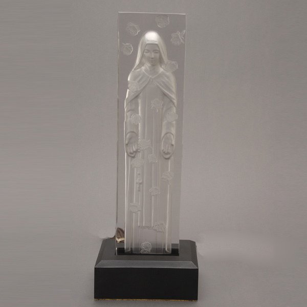 Lalique Intaglio Plaque with Figure of St. Francis: Lalique Intaglio Plaque with Figure of St. Francis, on illuminated base {Dimensions of plaque 13 1/8 x 3 1/4 x 1 1/2 inches}