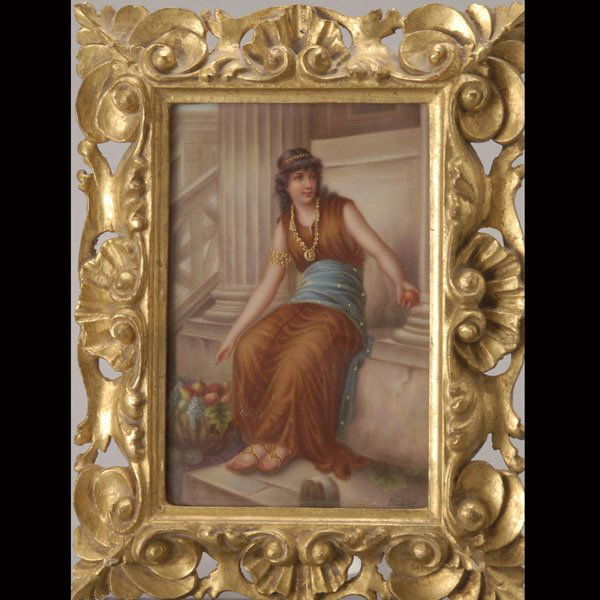 after Diana Coomans, Fruit Seller of Pompeii Plaqu: After Diana Coomans (Belgian, 1861-1952), "Marchande de Fruits a Pompeii" porcelain plaque, Circa 1920, signed Proscholatt on lower right, the verso of plaque "Marchande de Fruits a Pompeii/after D. C