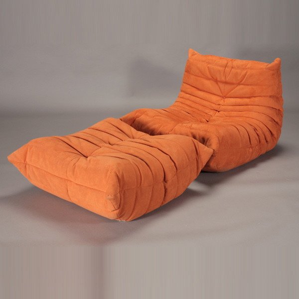 Michel Ducaroy For Ligne Roset Togo & Ottoman: Michel Ducaroy for Ligne Roset Togo Chair and Ottoman with Orange Upholstery {Dimensions of Chair 28 x 32 x 40 inches}