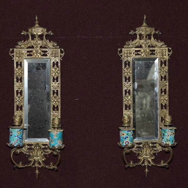 Pr. Gilt Metal and Enamel Mirrored Wall Sconces: Pair of Gilt Metal and Enamel Mirrored Two Light Wall Sconces {Height 23 inches}