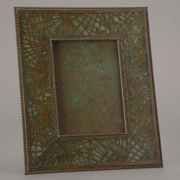 Tiffany Studios Pine Needle Picture Frame #947: Tiffany Studios Patinated Bronze Pine Needle Green Favrile Glass Picture Frame #947 {Dimensions 9 3/8 x 8 inches}