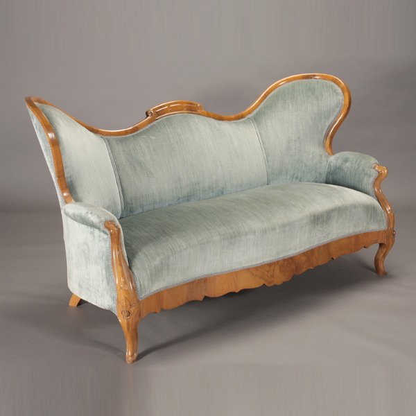 Victorian Serpentine Back Settee: Victorian Serpentine Back Settee with Palue Blue Upholstery {Dimensions 39 x 71 x 30 inches}