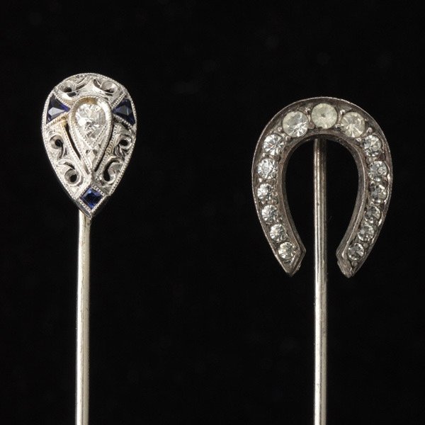 2 DIA., SYN. SAPH., PASTE, PLASTIC, S/S STICKPINS: COLLECTION OF TWO DIAMOND, SYNTHETIC SAPPHIRE, PASTE, PLASTIC, STERLING SILVER STICKPINS. Including one diamond, synthetic sapphire, platinum stickpin together with one paste, sterling silver horse sh