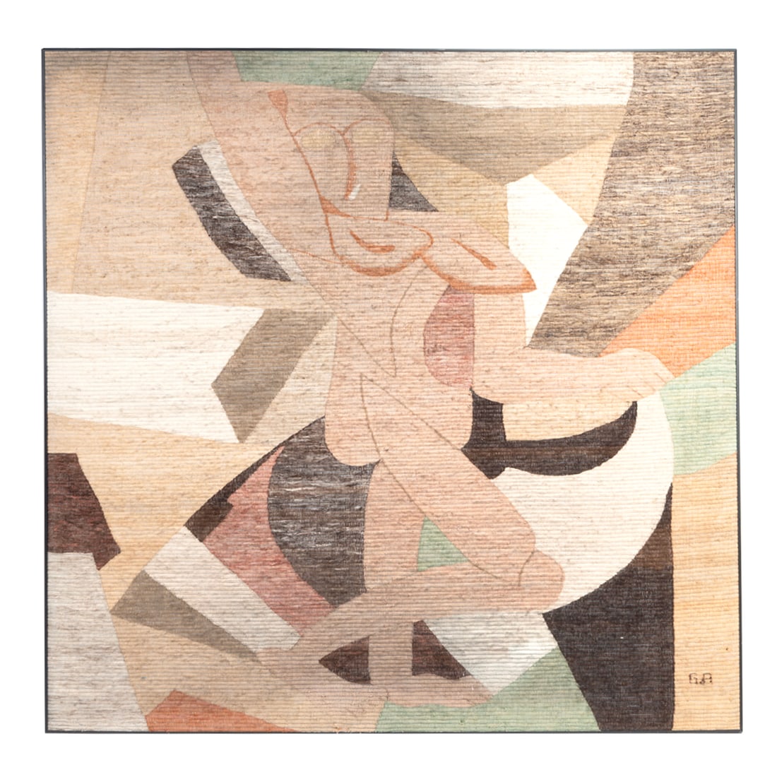 Piotr Grabowski Modernist Cubist Wool Tapestry: Piotr Grabowski Modernist Cubist Wool Tapestry. Piotr Grabowski (Polish, 20th century); depicts abstracted nude female figure, thin black metal frame, cardboard backing. 'G.P.' to bottom right corner.