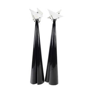 Pair of Pierre Chareau Style Nun "Drape" Floor Lamps.: Pair of Pierre Chareau Style Nun "Drape" Floor Lamps. Black lacquer bodies, alabaster shades. {Approximate dimensions: 74 inches high.}. Condition: Minor surface wear to lacquer bodies including some