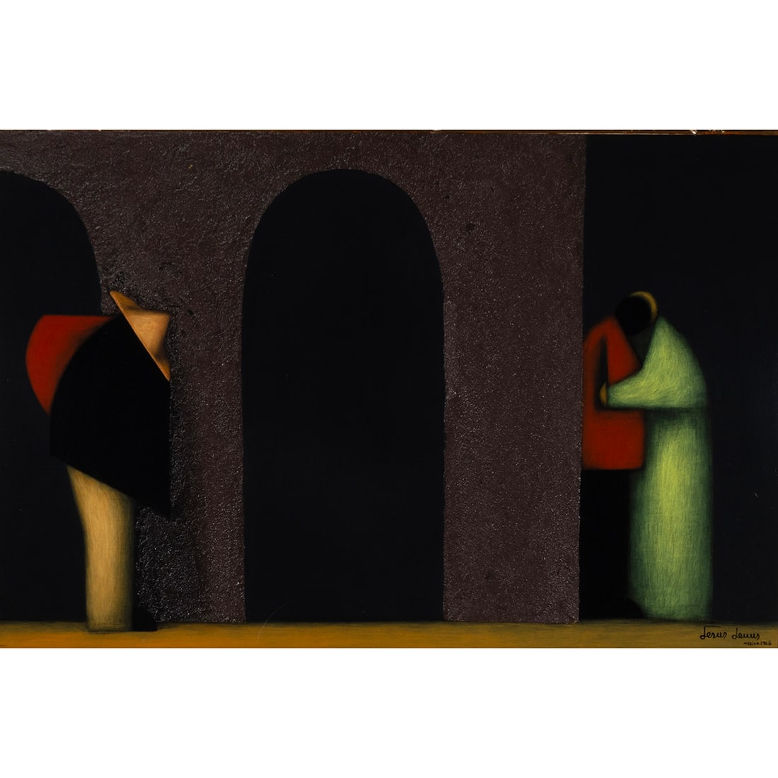 Jesus Leuus, Platicando, oil on masonite: JESUS MARIANO LEUUS (Mexican, born 1948), "Platicando," Mexico, 1966, oil on masonite, (approximate dimensions - masonite: 20 1/2 x 31 inches); signed, region, and dated lower right, ripped off galler