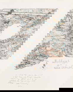William Wiley, Bullsigh Sea Doubt, watercolor: WILLIAM T. WILEY (American, 1937-2021), "Bullsigh Sea Doubt," 1971, watercolor and lithograph on paper, (approximate dimensions - sheet (sight): 20 x 16 inches); written note, signed, and dated lower