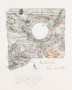 William Wiley, Bullsigh Sea Doubt, watercolor: WILLIAM T. WILEY (American, 1937-2021), "Bullsigh Sea Doubt," 1971, watercolor and lithograph on paper, (approximate dimensions - sheet (sight): 20 x 16 inches); written note, signed, and dated lower