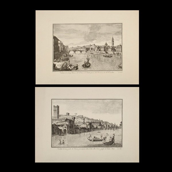 After GIUSEPPE ZOCCHI "Scenes of Florence": After GIUSEPPE ZOCCHI (Italian 1711-767) Two works: "Scenes of Florence" Engraving on paper. Plate: 12.50 x 17.25 inches/ 31.7 x 43.8 centimeters. Signed in plate "Zocchi"