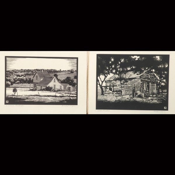 HERSCHEL C. LOGAN Two woodblock prints: HERSCHEL C. LOGAN (American 1901-1987) Two works: "A Kansas Landscape" & "Trosper Homestead" Woodblock print. Kansas Image: 6 x 9 inches/ 15.2 x 22.9 centimeters. Homestead Image: 7 x 9 inches/ 17.8 x
