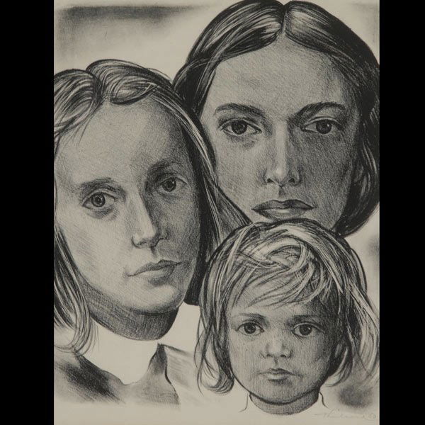 WAYNE THIEBAUD "Three Generations of Woman": WAYNE THIEBAUD (American b.1920) "Three Generations of Woman, 1950" Lithograph on paper. Sight: 12 x 9.75 inches/ 30.5 x 24.7 centimeters. Signed & dated lower right "Thiebauld, 50" Frame:25 x 20.75 i