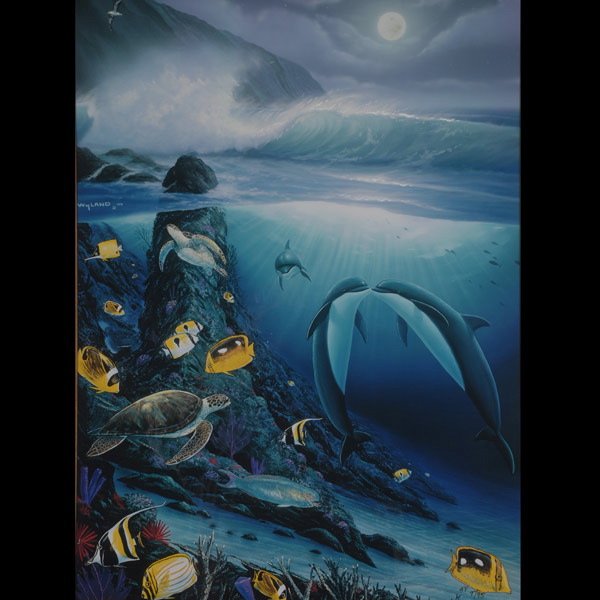 ROBERT WYLAND "Breaking Wave with Turtles & Fish": ROBERT WYLAND (American b.1956) "Breaking Wave with Turtles & Fish" Hand enhanced offset lithograph. Sight: 29 x 21.50 inches/ 73.6 x 54.6 centimeters. Signed in ink lower left "Wyland" Numbered with 