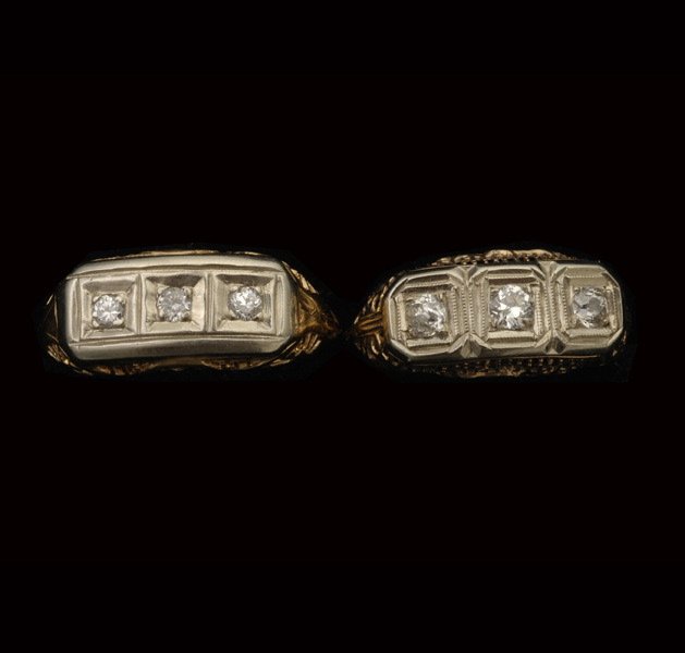 2 DIAMOND, 14K YELLOW GOLD PLATINUM RINGS.: COLLECTION OF TWO DIAMOND, 14K YELLOW GOLD PLATINUM RINGS. Including a ring featuring three old mine and European-cut diamonds weighing a total of approximately 0.20 ct., bead set in platinum complete