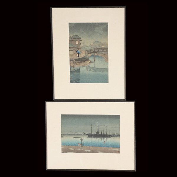 Kawase Hasui: Two Woodblock Prints: Kawase Hasui: Two Woodblock Prints, both depicting rainy scenes, framed and glazed {9 1/4 x 14 inches (23.5 x 35.5 cm)}
