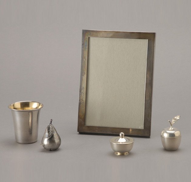 Group of Five Sterling Items: Group of Sterling Items: an engraved beaker; a Black Starr Gorham miniature covered dish; a Raimond frame; and two fruit form boxes, one Tiffany & Co. and one stamped "800" (5) {Total weighable silver