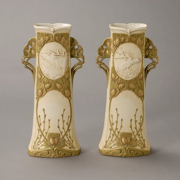 Pair of Royal Dux Vases with Profiles of Stag: Pair of Royal Dux Vases with Profiles of Stag {Height 16 1/4 inches}