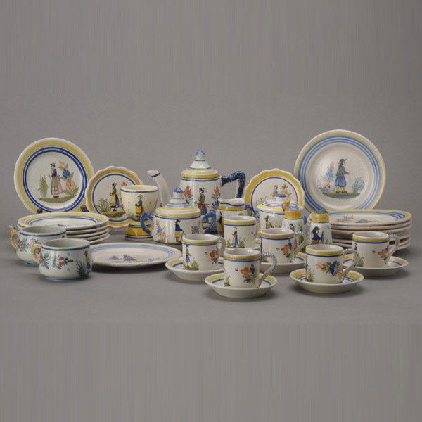 Assembled Group of Quimper France Tablewares: (37): Assembled Group of Quimper France Tablewares: eight cake plates (diameter 7 inches); six bread plates; six cups and six saucers; two tea cups; a large egg cup; a pair of shakers; a covered mustard; a