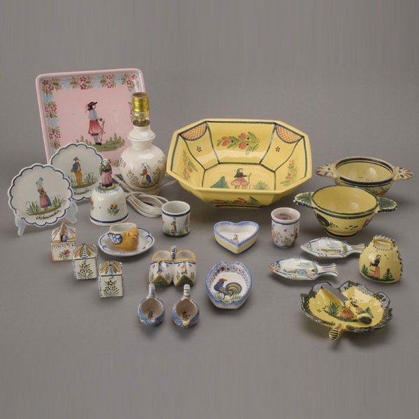 Quimper France Table Decorations: (24): Assembled Group of Quimper France Table Decorations:(24) a large serving bowl (height 3 1/2 inches, diameter 11 inches); a lamp; two bowls with handles; two bells; a square tray (8 1/2 x 8 1/2 inches)