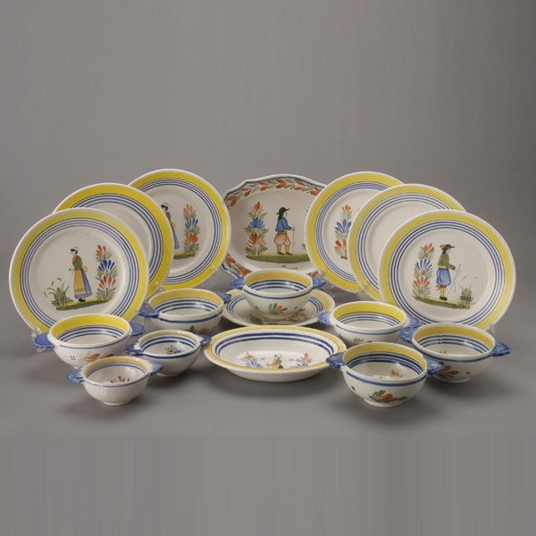 Assembled Group of Quimper France Tablewares:(17): Assembled Group of Quimper France Tablewares: seven plates (diameter 9 1/4 inches); eight bowls with handles in two sizes; an oval serving dish (length 9 1/4 inches); and a tray (length 12 1/4 inches)